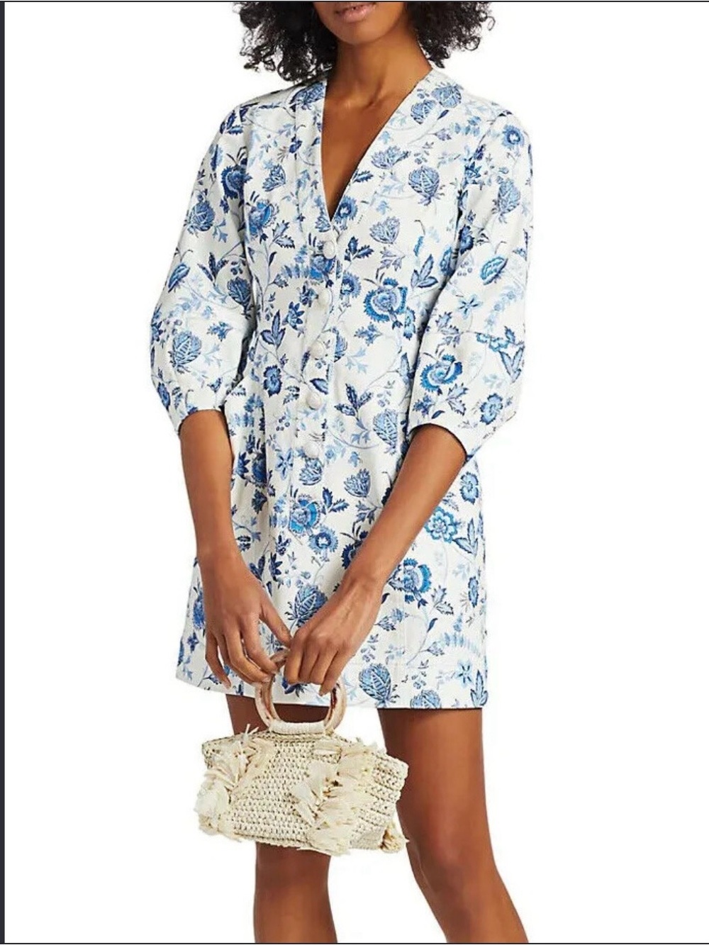 Crosby Derek Lam Blue Floral V-Neck Button Front Women’s Dress